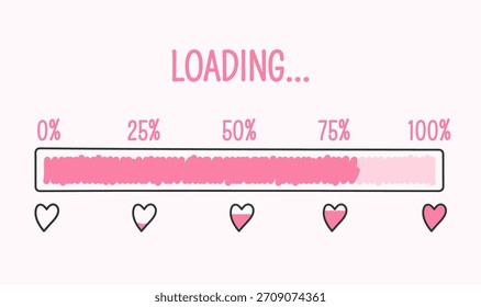 Barra de carga rosa desenhada à mão com marcadores de porcentagem e ícones cardíacos mostrando o progresso