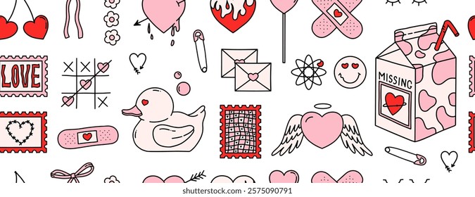 Hand drawn pink love seamless pattern illustration. Cute kawaii background print. Valentine's day holiday texture in Y2k style. Cherry, love, heart angel, patch, stamp, lollipop, milk	
