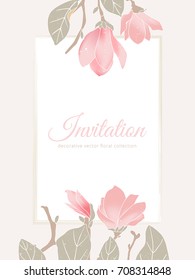 Hand drawn pink magnolia flowers with leaves and rectangle frame