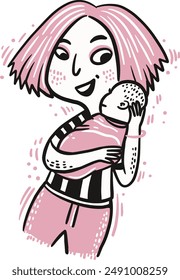 Hand Drawn pink mother and baby in swaddling clothes