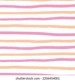 Hand Drawn Pink Orange Horizontal Thick Stripe Doodle Pattern. Horizontal Colorful Brush Strokes Pattern