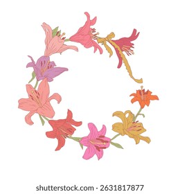 Hand drawn pink pastel line art lily flowers wreath. Vintage bohemian card template with cute floral frame. Botanical vector illustration isolated on white.