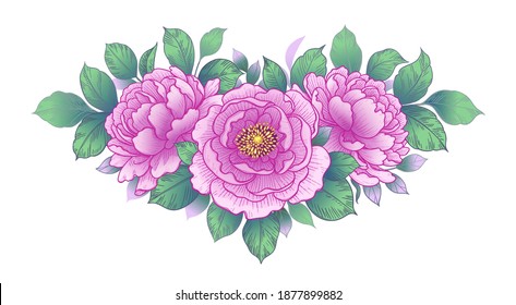 Hand drawn pink peony flowers and green leaves bunch isolated on white. Vector line art elegant floral arrangement in vintage style, t-shirt, tattoo design, wedding decoration.