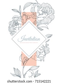 Hand drawn pink Peony flowers with leaves and square frame on white background, invitation card design