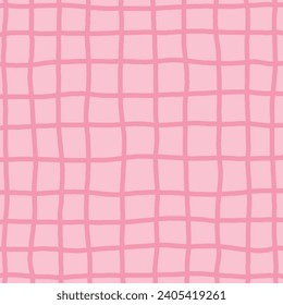 Hand drawn pink plaid pattern. Check, square doodle background. Line art freehand grid. Crossing red stripes brush stroke. Notebook Texture. Abstract Psychedelic print with Wavy Doodle Stripes.