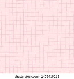 Hand drawn pink plaid pattern. Check, square doodle background. Line art freehand grid. Crossing red stripes brush stroke. Notebook Texture. Abstract Psychedelic print with Wavy Doodle Stripes.