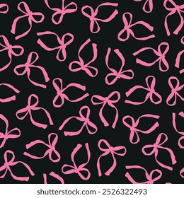 Hand drawn, pink, pretty bow seamless repeat pattern. Random placed, festive vector tie ribbons aop, all over print on red background.