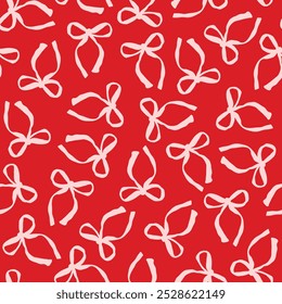 Hand drawn, pink, pretty bow seamless repeat pattern. Random placed, festive vector tie ribbons aop, all over print on red background.