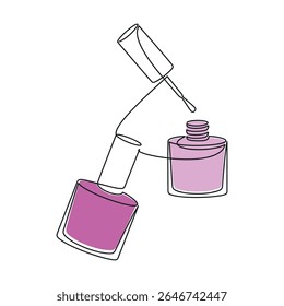 Hand drawn pink and purple nail polish bottles vector. Cosmetics icon. One line continuous drawing. Beauty product linear silhouette. Minimal print, banner, card, poster, brochure, logo, sign, symbol.