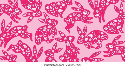 Hand drawn pink rabbit and flowers pattern vector background
