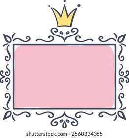 Hand drawn pink rectangular frame featuring a golden crown and elegant decorations, perfect for adding a touch of royalty and sophistication to any design project