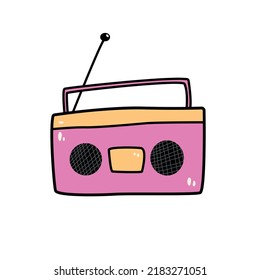 Hand drawn pink retro record player with antenna doodle style, vector illustration isolated on white background. Old device for listen music, black outline, 90s vibes