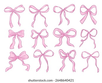 Hand Drawn Pink Ribbon Bow Collection. A charming collection of twelve hand drawn pink ribbon bows in various shapes including loose loops wavy tails folds and minimal silhouettes in sketch style