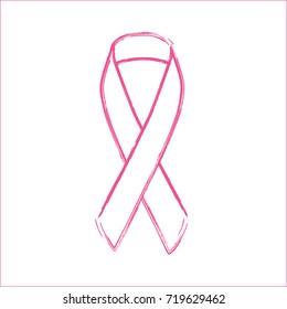 hand drawn pink ribbon, breast cancer awareness symbol, isolated on white.