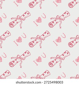 Dibujado a mano de color rosa romántico sin patrón para imprimir. Te amo. Rollo de papel con corazones y cinta. Ilustración de boceto de Vector en estilo vintage de carbón de crayón