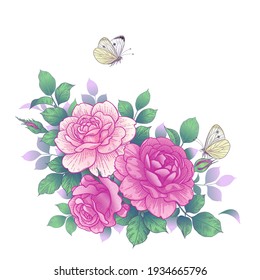 Hand drawn pink rose flowers bunch, flying and sitting butterflies isolated on white. Vector elegant floral composition in vintage style, t-shirt, tattoo design, wedding decoration.