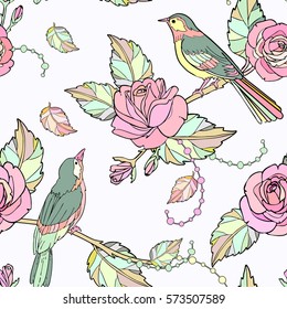 Hand drawn pink rose flowers and green birds seamless pattern.