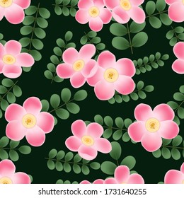 Hand drawn pink rose green leaves vector illustration seamless background, spring and summer blooming flowers, packaging, wallpaper, striped background