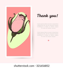 Hand drawn pink rose. Vector illustration. Greeting card or invitation design template. Place for your text message.