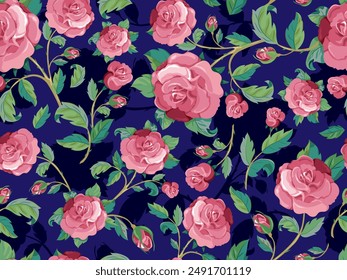 Hand drawn pink roses flowers seamless pattern on navy blue background. Designed for fabric luxurious and wallpaper, vintage style. 