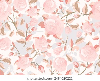 Hand drawn pink roses flowers seamless pattern soft colors background. Designed for fabric luxurious and wallpaper, vintage style. 