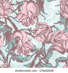 Hand drawn pink roses old fashioned seamless pattern. Endless retro  floral background. Roses located on separate layer