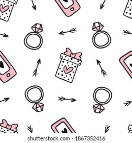 Hand drawn pink seamless pattern with gifts, heart, rings, arrows and phones for textile, wallpaper, print. Vector illustration background in pink and black colors.