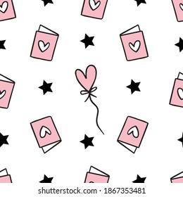 Hand drawn pink seamless pattern with card, heart and stars for textile, wallpaper, print. Vector illustration background in pink and black colors.