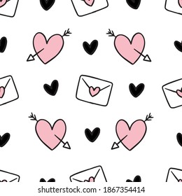 Hand drawn pink seamless pattern with heart, letters and arrows for textile, wallpaper, print. Vector illustration background in pink and black colors.