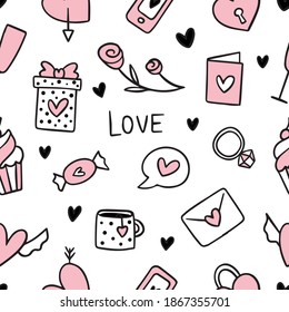 Hand drawn pink seamless pattern with cute cups, heart, tea, lock, roses, card, phone, cake and sweets for textile, wallpaper, print. Vector illustration background in pink and black colors.