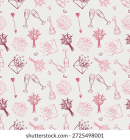 Hand drawn pink seamless pattern with love symbols hearts. Gift boxes, bouquet, key, champagne letters. Valentines day packaging paper. Vector sketch illustration in vintage crayon charcoal style