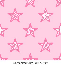 Hand drawn pink seamless pattern with doodle stars