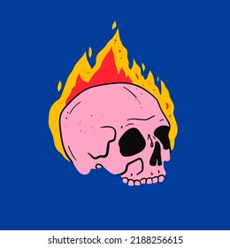 Hand drawn pink Skull on fire. Burning skull. Trendy isolated colorful Vector illustration. Cartoon, vintage style. Poster, tattoo idea, t-shirt print, sticker, logo design template
