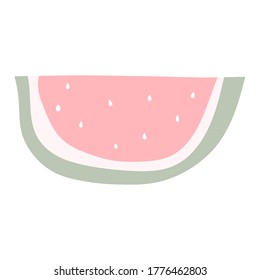 Hand drawn pink slice of watermelon. Doodle watermelon print. Summer design fruit element isolated on white background. Vector stock illustration	