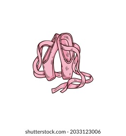 Hand drawn pink textile ballet shoes or pointe shoes with ribbons, sketch vector illustration isolated on white background. Ballet footwear cartoon icon or symbol.