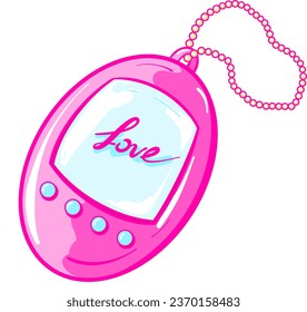 Hand drawn of pink  toy. Japanese pocket game gadget of 90s. Nostalgia for 1990s. Vector illustration.	