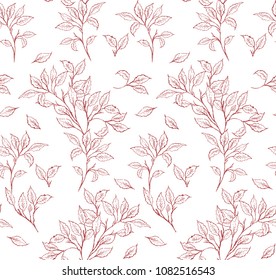 Hand Drawn Pink Tree Twigs Vector Pattern. Delicate Romantic Garden Vector Illustration. Pink Tree Branches on a White Background. Lovely Repeatable Floral Design. Single Leaves Among Tree Branches.
