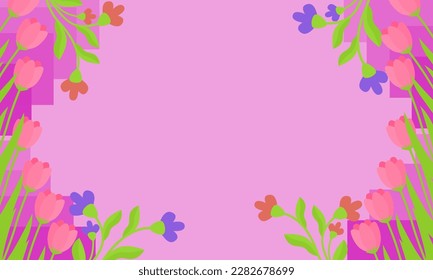 Hand drawn pink tulip background with geometric shapes. Flowers purple background with copy spaces. Good for banner, wallpaper and template.
