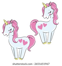 Hand Drawn Pink Unicorns with Hearts Vector Art for Kids