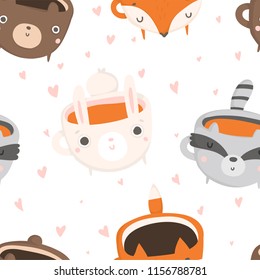 Hand drawn pink Valentine's Day romantic seamless pattern with cute cups in shape of animals, hearts, coffee, cocoa and more. Vector illustration background in pink colors
