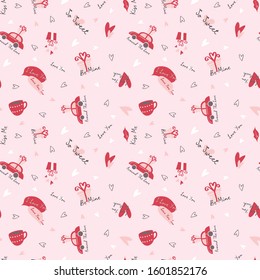 Hand drawn pink Valentine's Day romantic seamless pattern with cute cups, mugs, hearts, coffee, gift box and car. Vector illustration background in pink and white colors