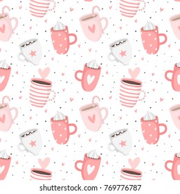 Hand drawn pink Valentine's Day romantic seamless pattern with cute cups, mugs, hearts, coffee, cocoa and more. Vector illustration background in pink and white colors