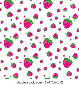 Hand drawn pink watercolor strawberry with green leaves repeated pattern background. Vector illustration