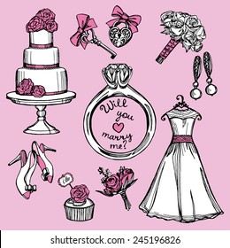 hand drawn pink and white doodle wedding set on pink background. Marry me ring, wedding dress, wedding flowers, wedding cake