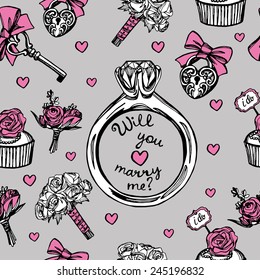 hand drawn pink and white doodle wedding seamless pattern on grey background. Marry me ring, wedding flowers, cupcakes, vintage key and lock