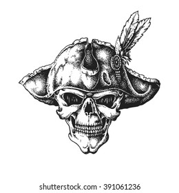 Hand Drawn Pirate Captain Skull Wearing Tricorne Hat. Vector Illustration