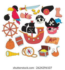 Hand drawn pirate element collection in vintage nautical style with skulls, treasure, swords, ships, and more. Great for adventure design, print, apparel, and themed graphics.