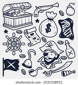 handgezeichnete Piraten Elemente Sammlung, handgezeichnete Skizze Design. Vektorgrafik