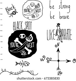 hand drawn pirate elements, parrot, black spot doodle set