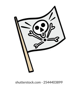 Hand drawn pirate flag flutters proudly in the wind. Vector illustration of the bandits symbol, skull and bones. A danger sign at sea. Isolated on white background.